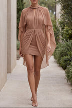 Nude Sheer Chiffon or Georgette Fitted Bodycon Under-Layer with Draped Cape Overlay Mini Dress Flowering Girl