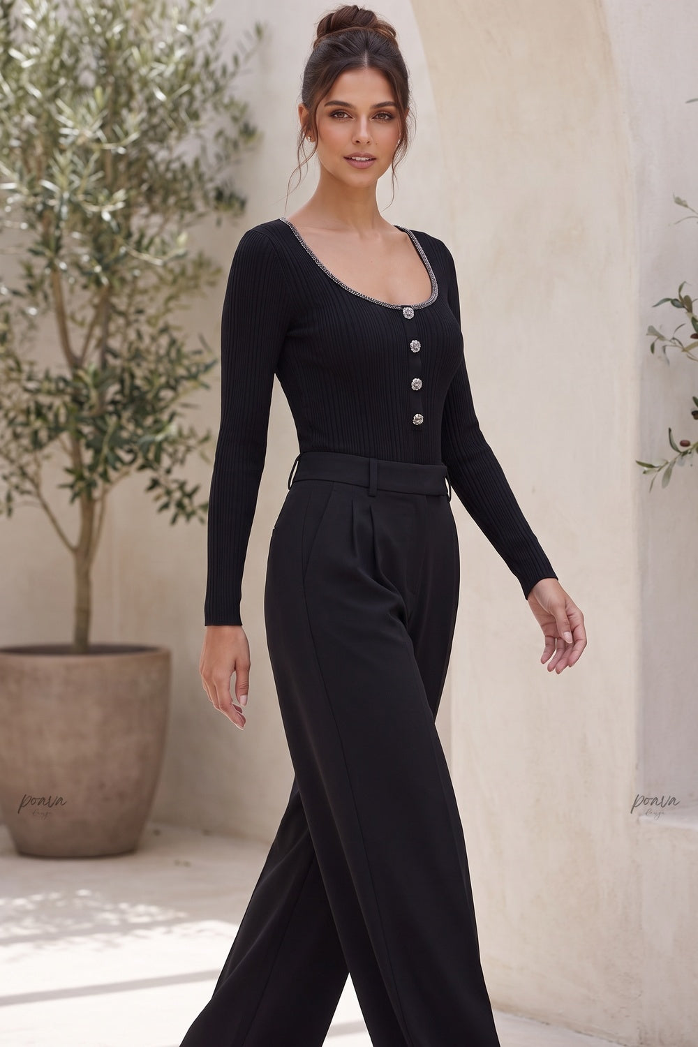 Black Ribbed Knit Fitted Top with Metallic Detail Flowering Girl