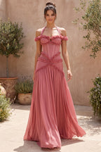 Dusty Rose Fitted Corset Gown with Tiered Ruffles and Halter Neck Flowering Girl
