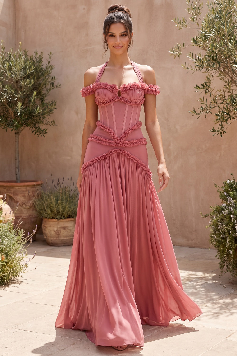 Dusty Rose Fitted Corset Gown with Tiered Ruffles and Halter Neck Flowering Girl