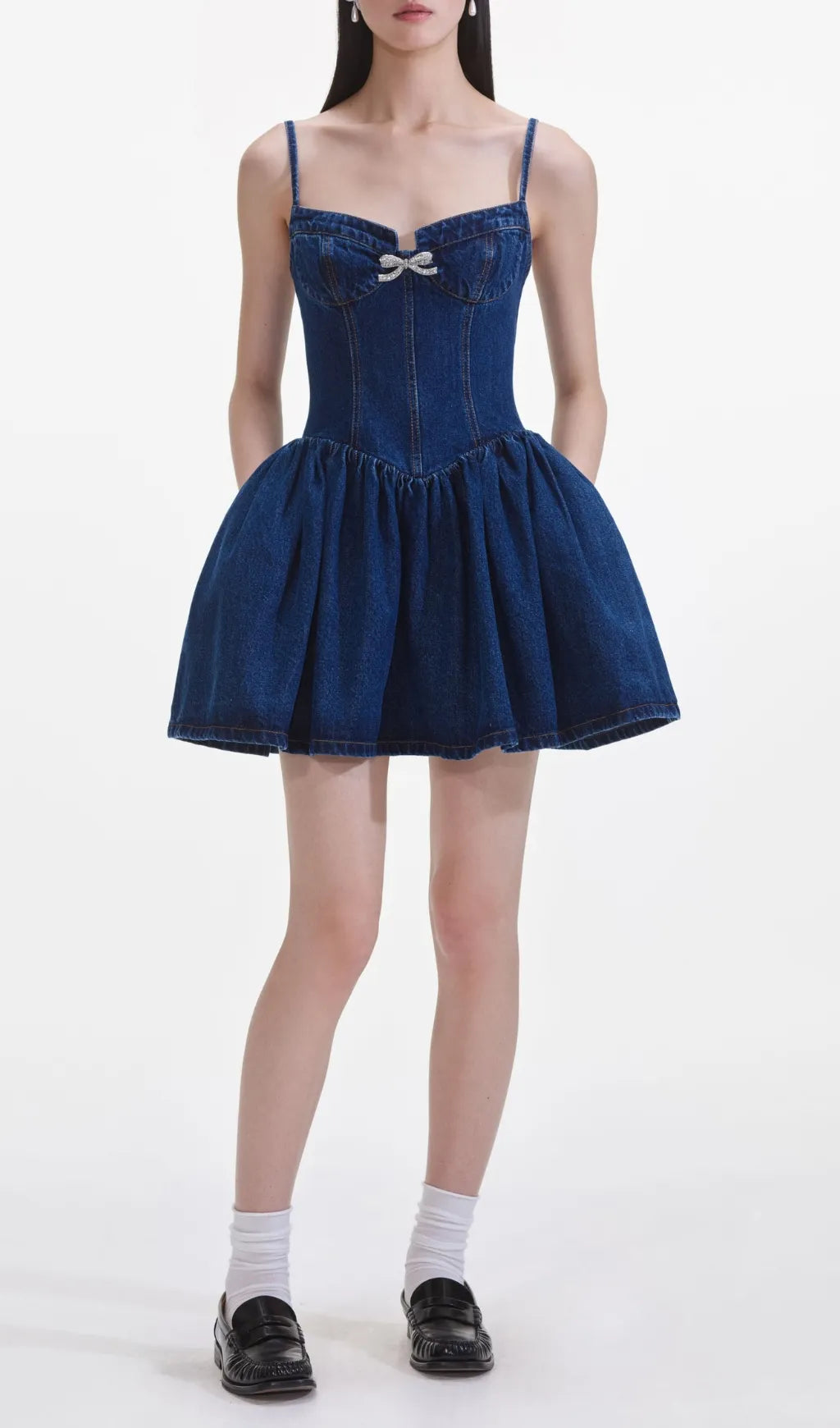 Denim Diamante Bow Sweetheart Mini Dress Flowering Girl