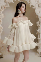 Bernice Ruffle Layer Crinkle Chiffon Mini Dress In White Flowering Girl