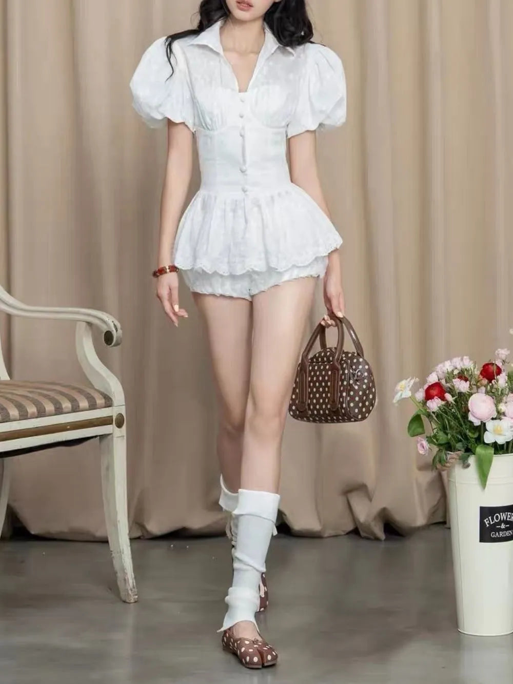 Mazikeen White Puff Sleeve Two-Piece Set Flowering Girl