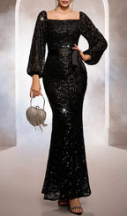 Kathy Black Sequin Long Sleeve Maxi Dress Flowering Girl