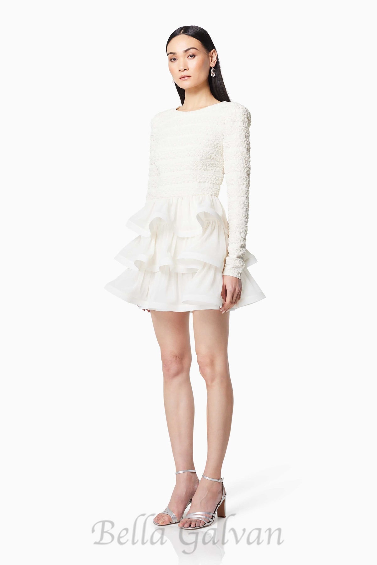 Ruffle trim Long Sleeved Mini Dress in white Flowering Girl