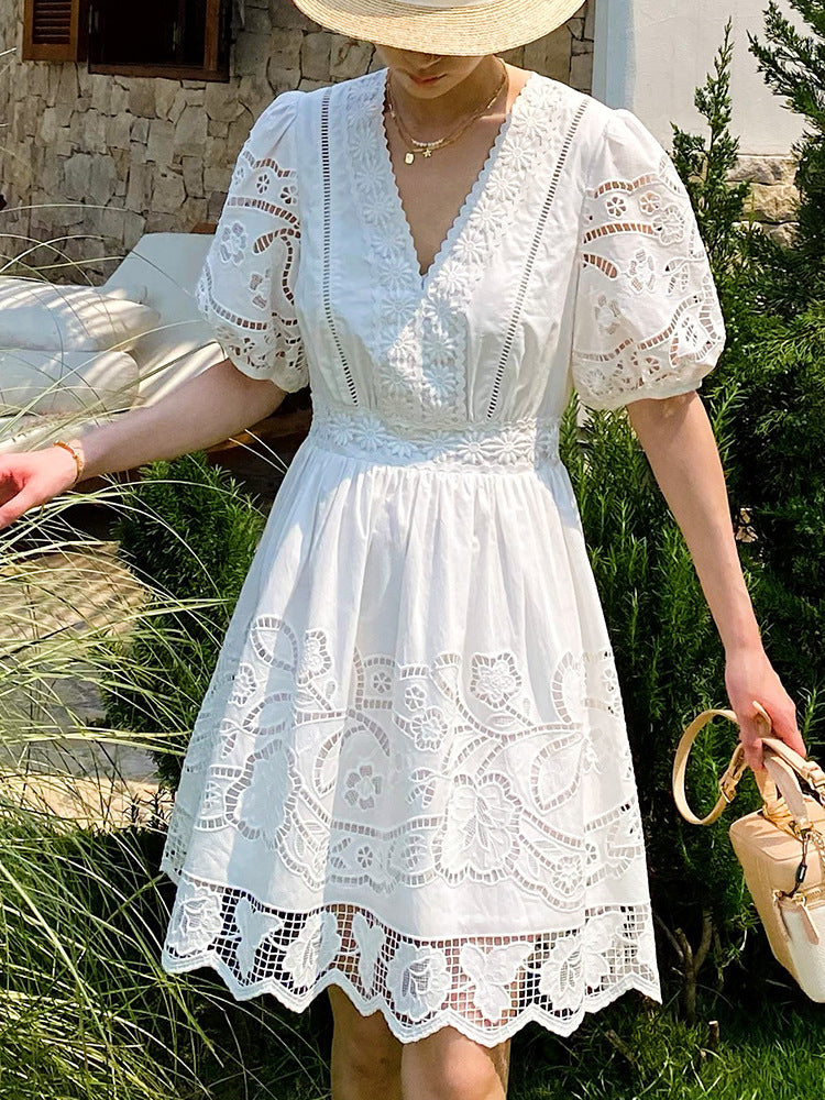 White Openwork Embroidered Short Sleeve V-Neck Petite Dress Flowering Girl