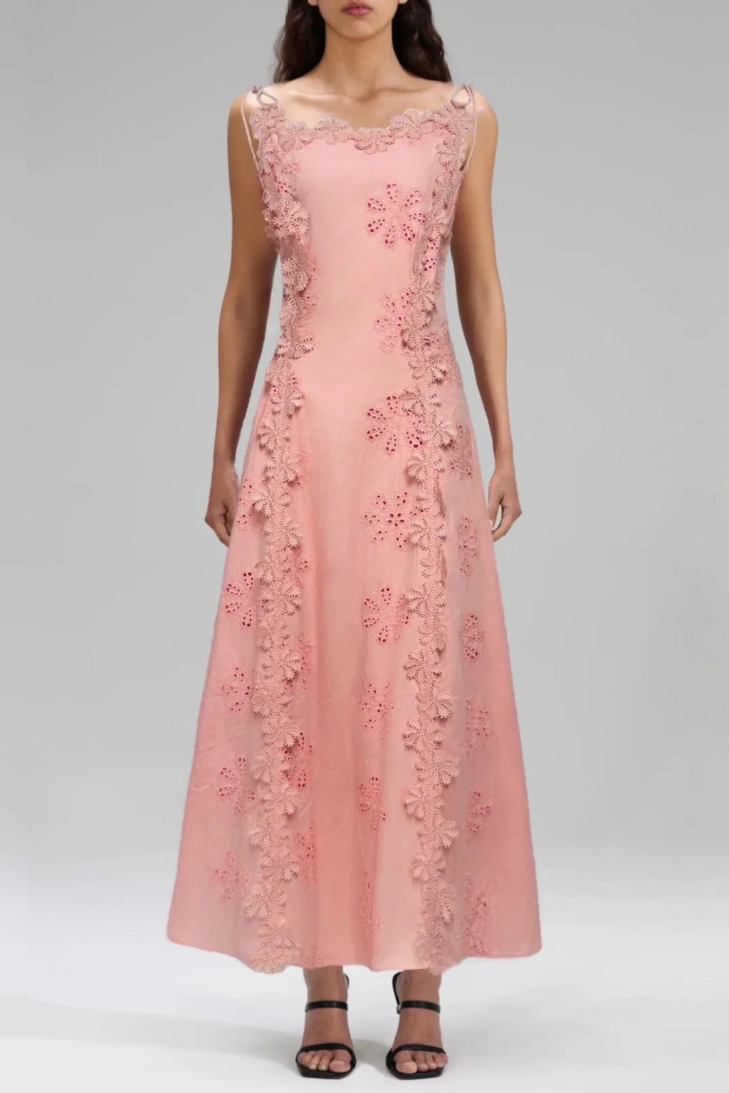 Lace Trim Embroidery Hollow Midi Dress In White Flowering Girl
