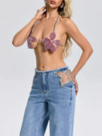 Fleta Halterneck Floral Rhinestone Top Flowering Girl