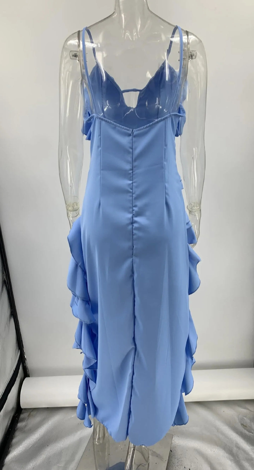 Ruffle Cut Out Asymmetric Maxi Dress - Blue Flowering Girl