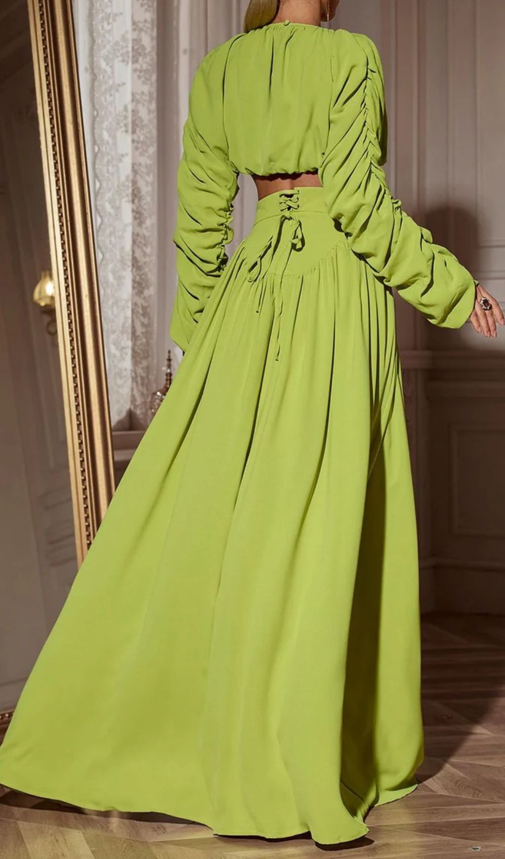 Cricket Green Long Sleeve Ruched Skirt Set Flowering Girl