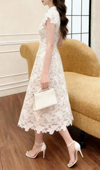 Leila White 3D Flower Embroidery Bow Lace Midi Dress Flowering Girl