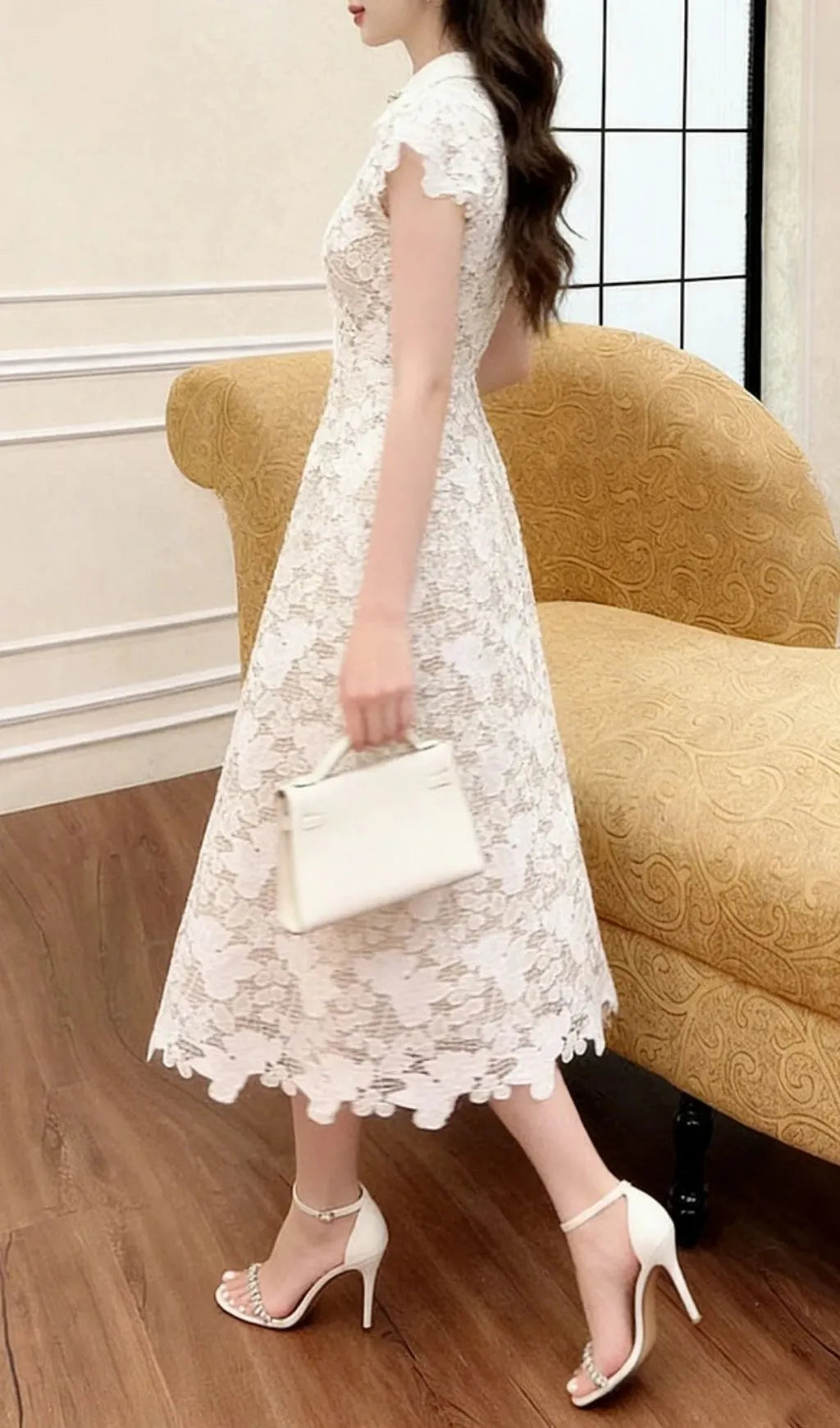 Leila White 3D Flower Embroidery Bow Lace Midi Dress Flowering Girl