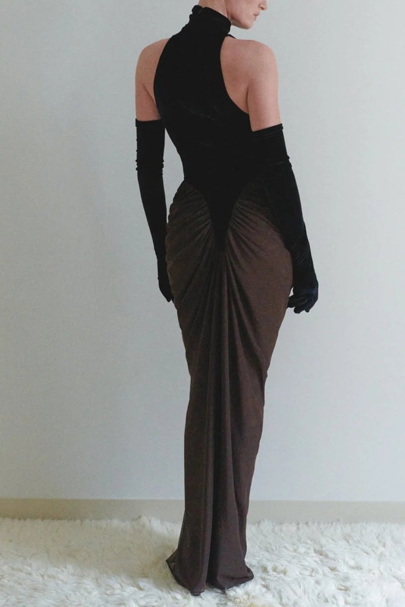 Velvet Mesh Patchwork Maxi Dress In Black Flowering Girl