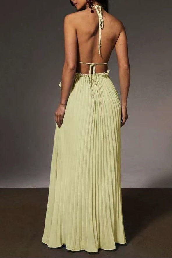 Halter Neck Pleated Maxi Dress Flowering Girl