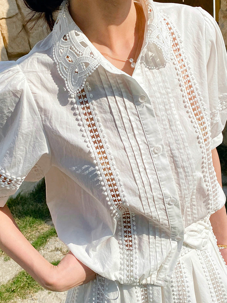 White Short Sleeve Striped Shirt Flowering Girl
