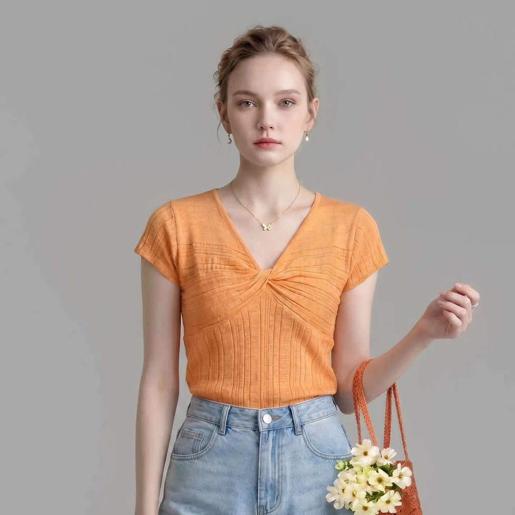 Front Twist V Neck Cap Sleeve Textured Knit Top Flowering Girl