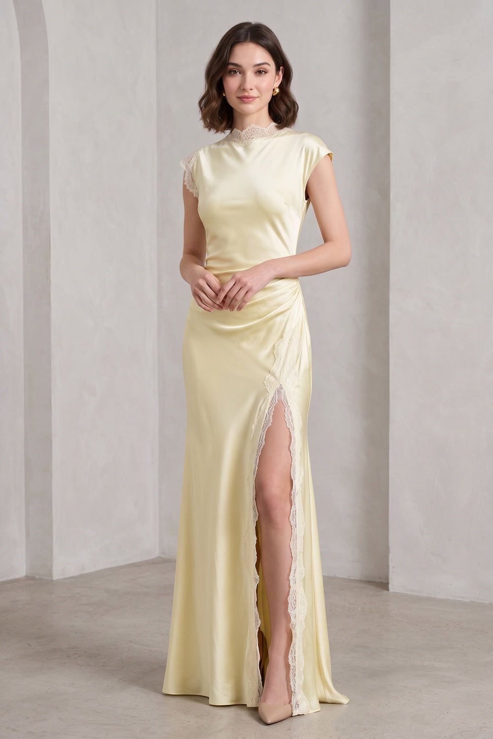 Pale Yellow Satin Column Gown with Lace Trim Flowering Girl