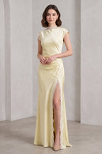 Pale Yellow Satin Column Gown with Lace Trim Flowering Girl