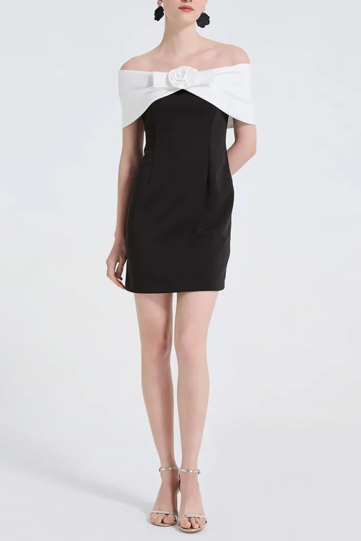 Sandra Off-Shoulder 3d Flower Mini Dress In Black Flowering Girl