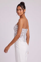 Light Grey Mesh Structured Corset Top with Floral Appliqué Flowering Girl