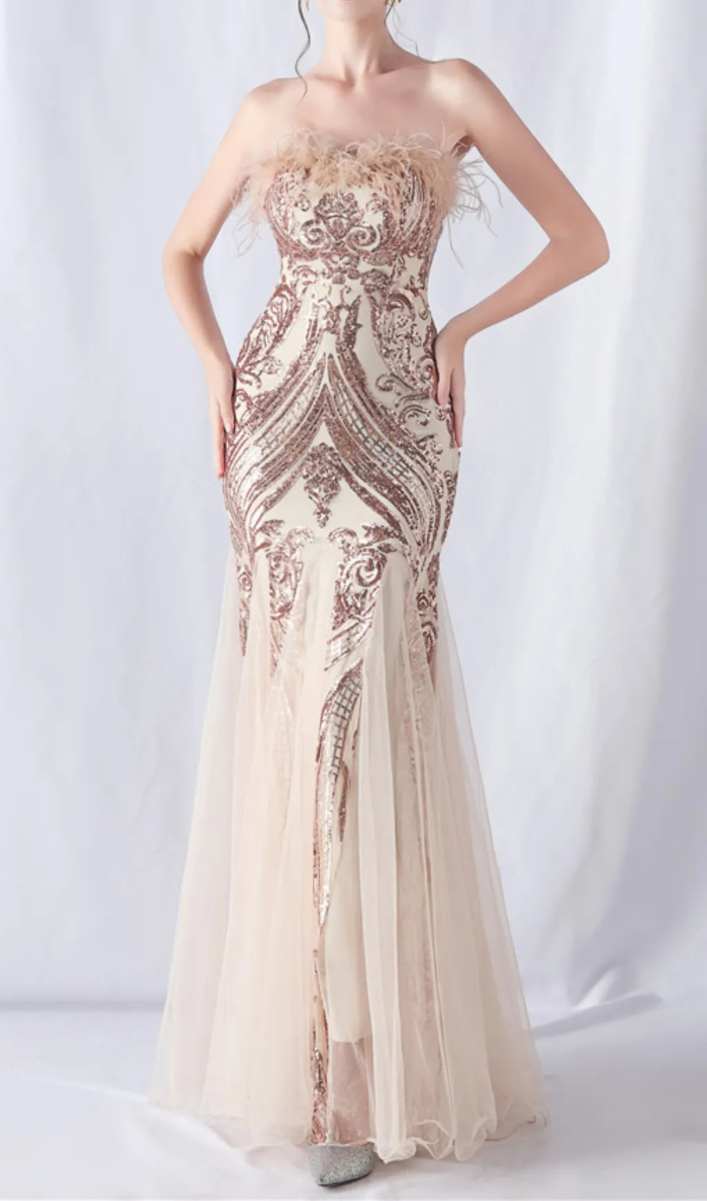Choire Champagne Sequin Feather Maxi Dress Flowering Girl