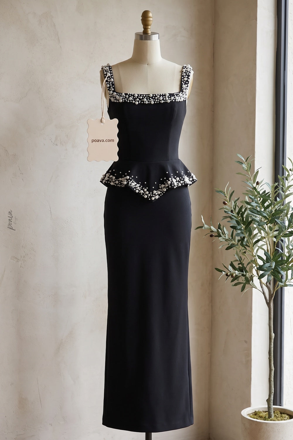 Black Heavy Crepe Column Gown with Structured Peplum and Pearl Embellishments Flowering Girl