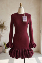 Burgundy Lurex Knit Fitted Bodycon Dress with Voluminous Bubble Hem Flowering Girl