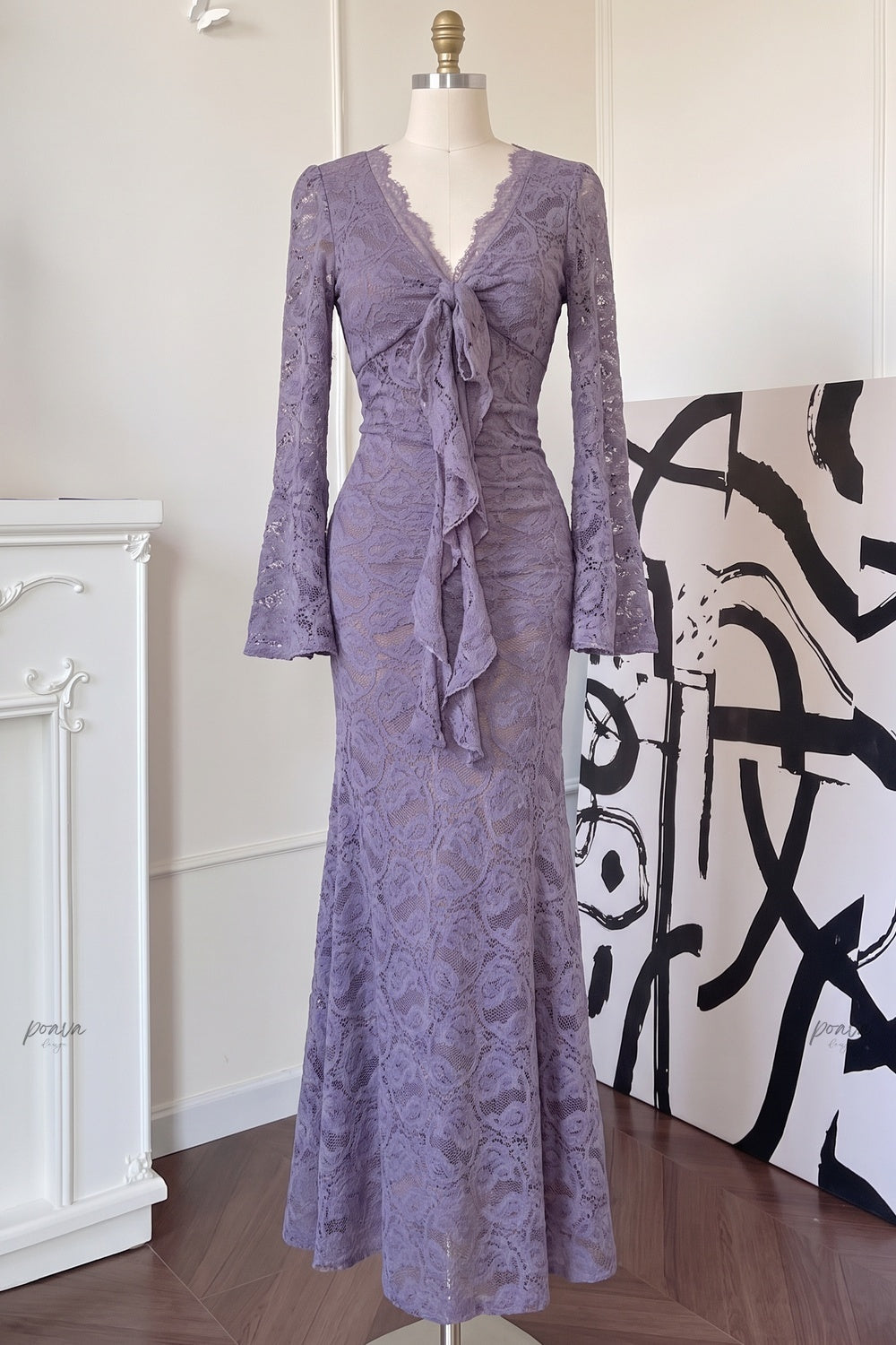 Dusty Purple Floral Lace Mermaid Maxi Dress Flowering Girl