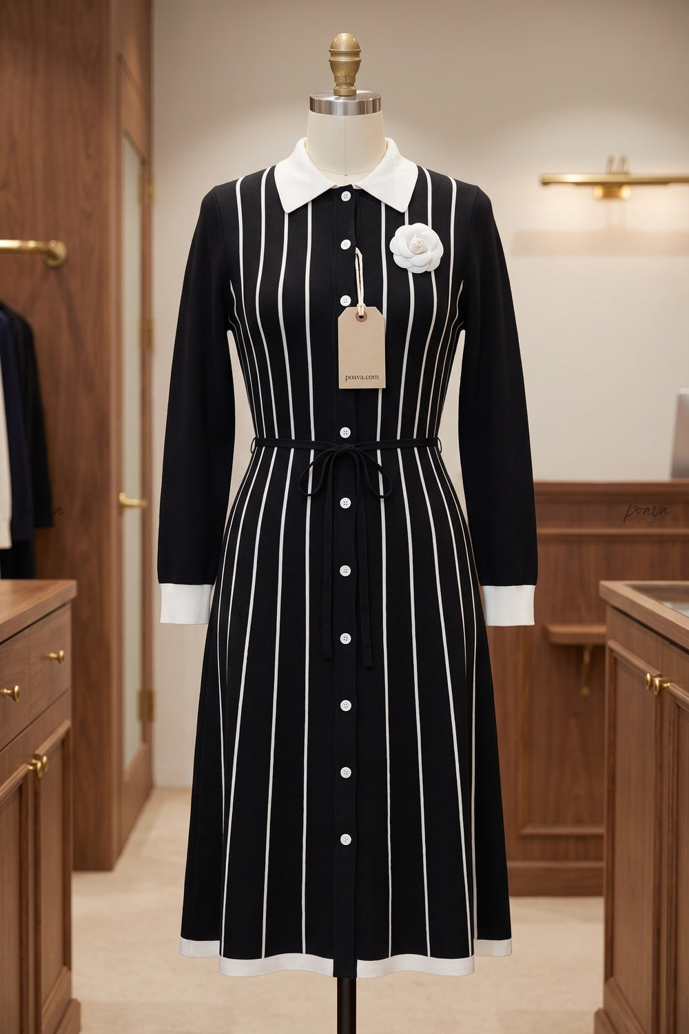 Black Fine-Gauge Ribbed Knit A-Line Midi Dress Flowering Girl