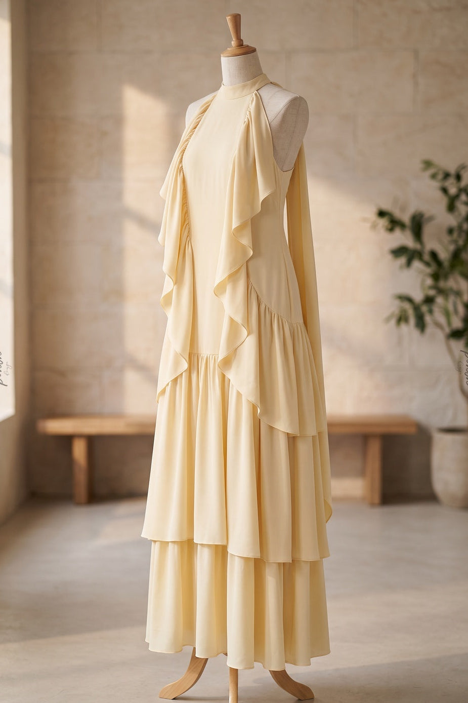 Pale Yellow Tiered A-Line Maxi Dress with Cascading Ruffles Flowering Girl