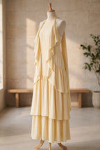 Pale Yellow Tiered A-Line Maxi Dress with Cascading Ruffles Flowering Girl