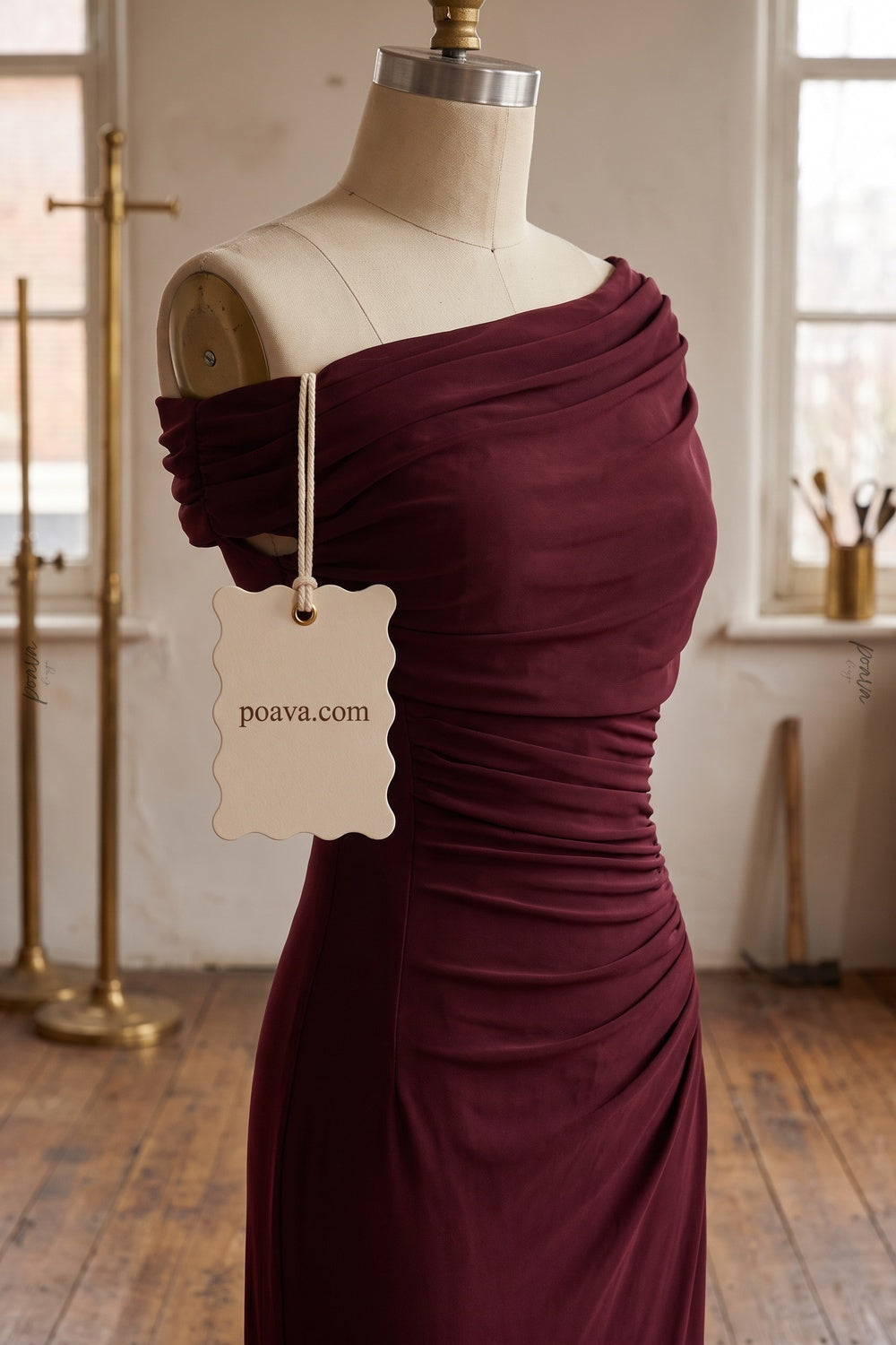 Burgundy Asymmetrical Off-The-Shoulder Ruched Column Dress Flowering Girl