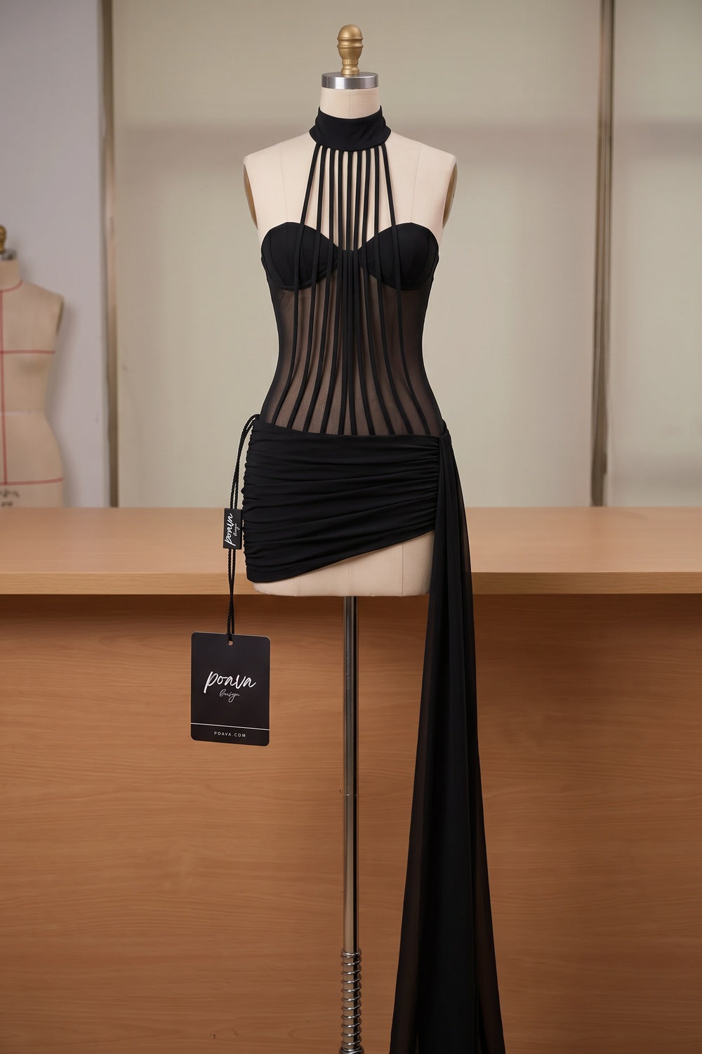 Black Sheer Mesh and Stretch Jersey Bodycon Mini Dress with Asymmetrical Side Train Flowering Girl