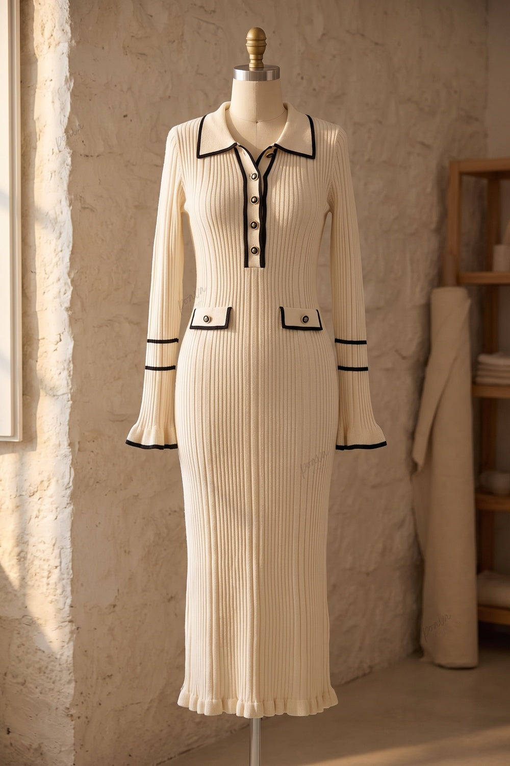 Cream Ribbed Knit Column Dress with Black Contrast Trim Flowering Girl