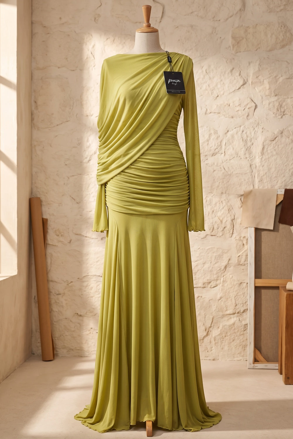 Chartreuse Ruched Mesh Gown Flowering Girl