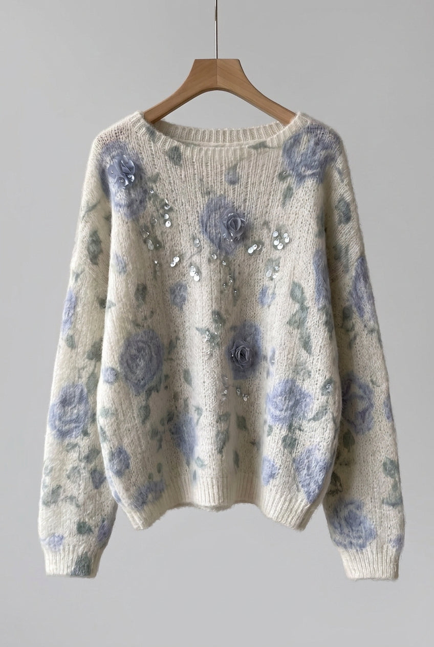 Off-White Mohair-Blend Knit Sweater with Floral Rose Pattern Flowering Girl