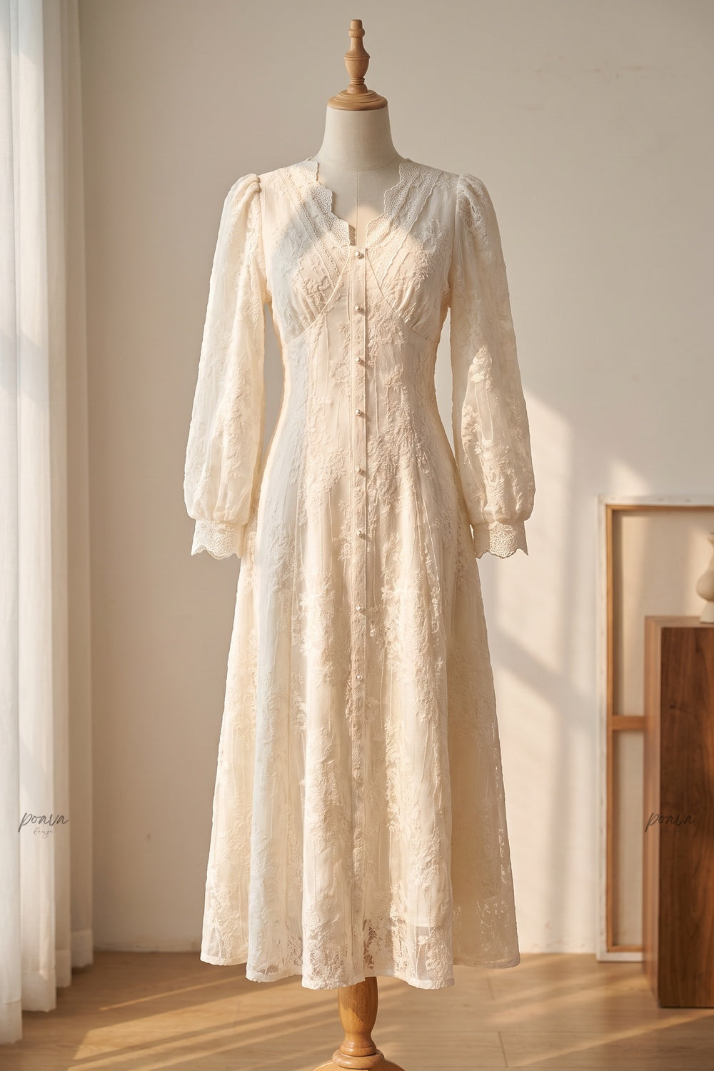 Off-White Embroidered Lace A-Line Maxi Dress Flowering Girl