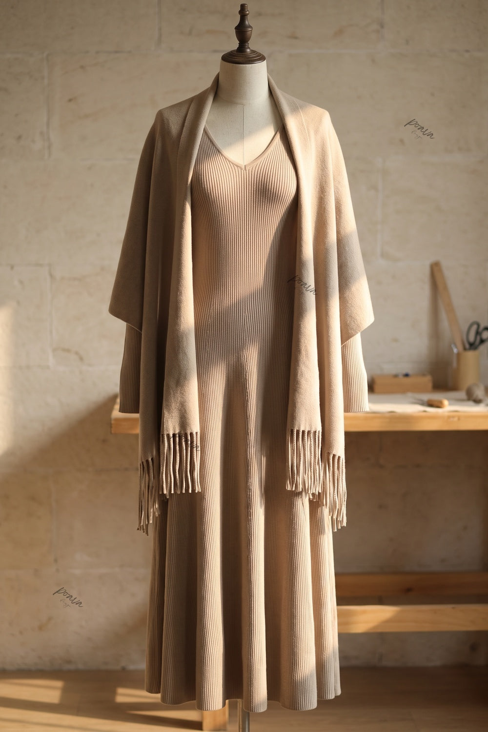 Beige Ribbed Knit Two-Piece Dress and Fringed Shawl Set Flowering Girl