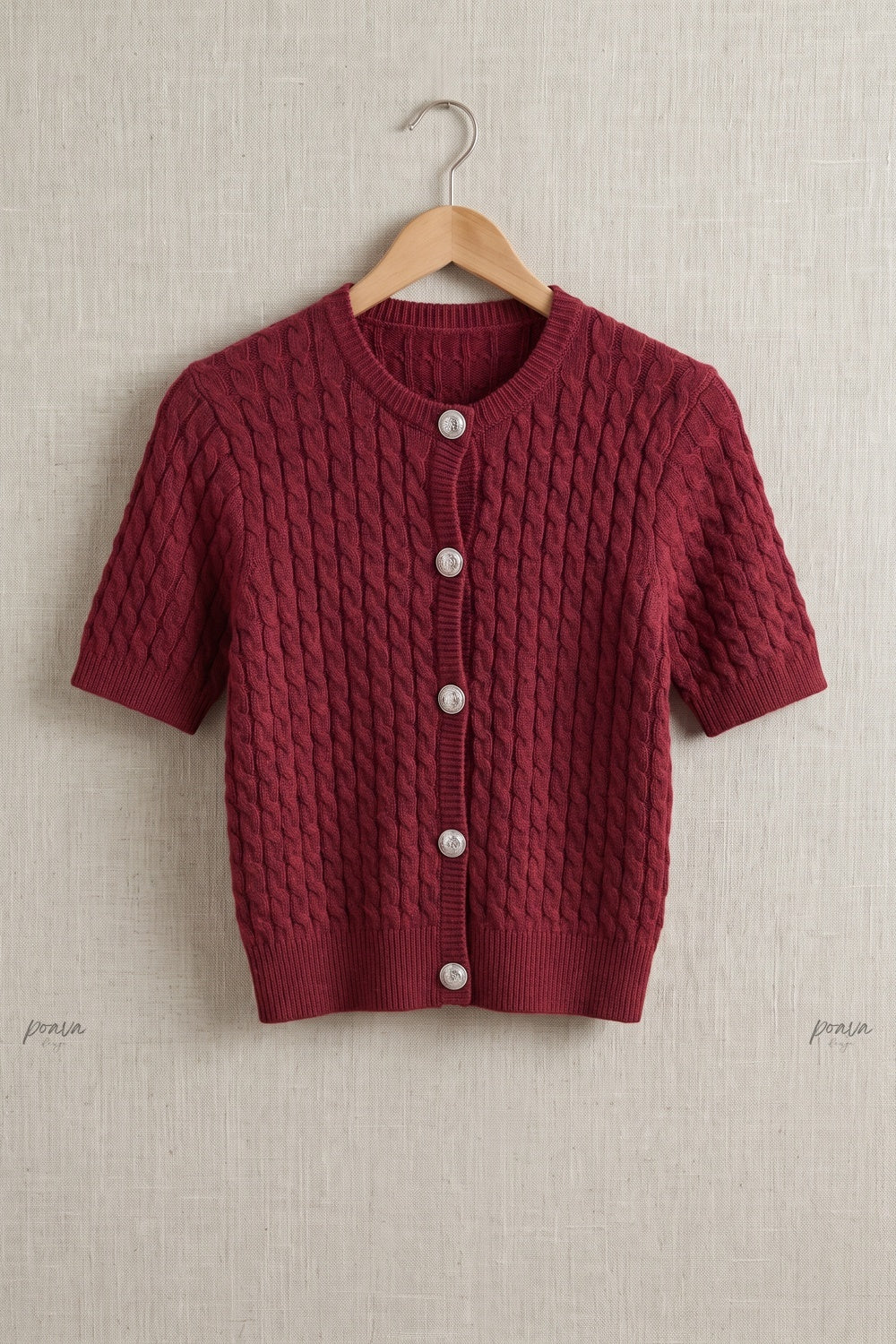 Burgundy Cable-Knit Wool Blend Fitted Short-Sleeve Cardigan Flowering Girl