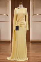 Pale Yellow Fine Stretch Knit Column Evening Gown with Asymmetric Draped Cape Flowering Girl