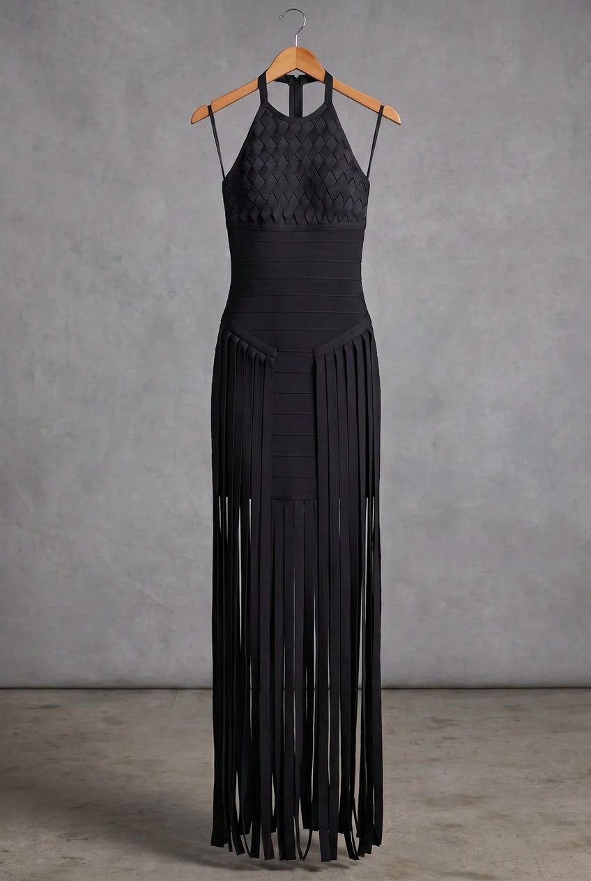 Black Bandage Knit Bodycon Gown with Fringe Overlay Flowering Girl