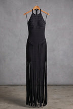 Black Bandage Knit Bodycon Gown with Fringe Overlay Flowering Girl
