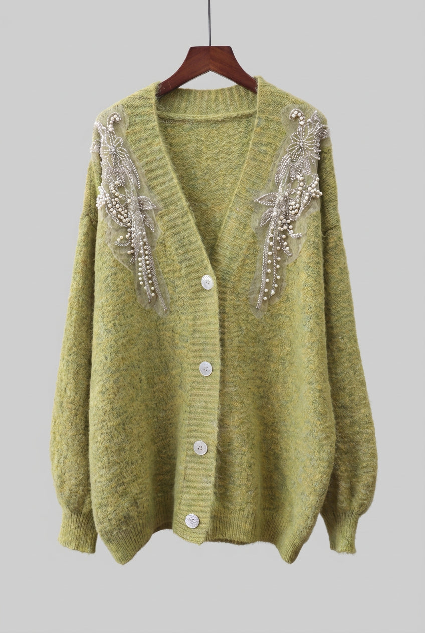 Chartreuse Heathered Knit Oversized Cardigan with Beaded Pearl Shoulders Flowering Girl
