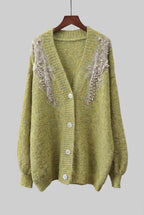 Chartreuse Heathered Knit Oversized Cardigan with Beaded Pearl Shoulders Flowering Girl