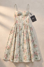 Pale Sage Green Structured Woven Cotton or Jacquard Fit-and-Flare Dress Flowering Girl
