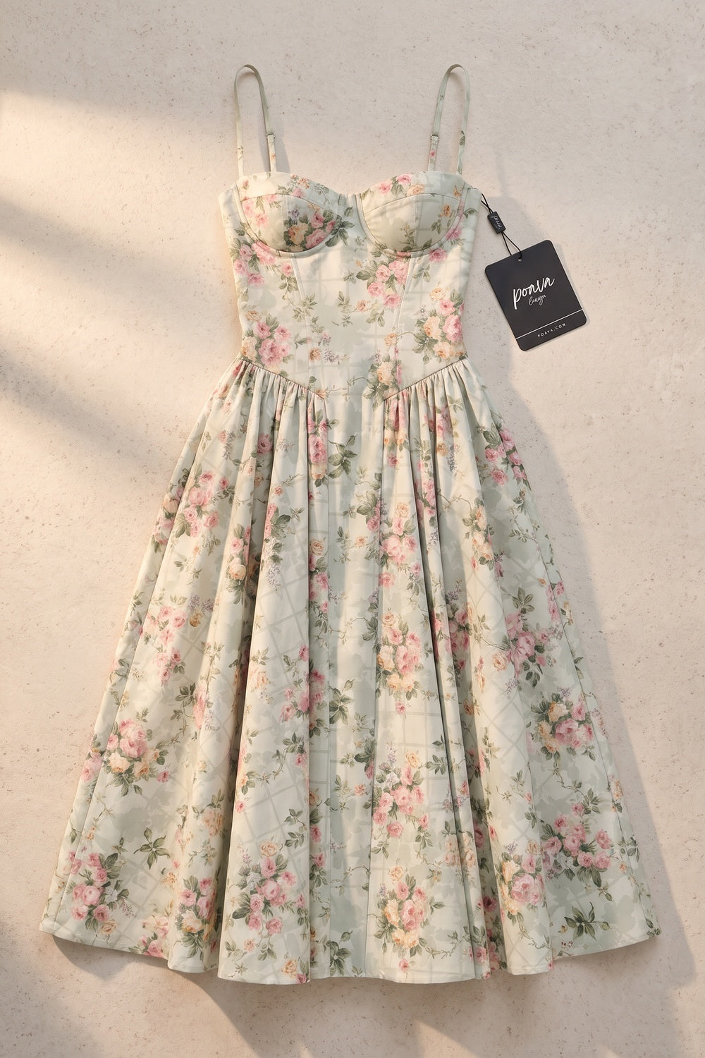 Pale Sage Green Structured Woven Cotton or Jacquard Fit-and-Flare Dress Flowering Girl