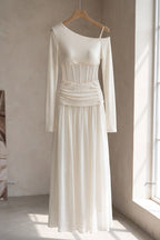 Cream Asymmetrical Off-The-Shoulder Maxi Dress with Sheer Corset Waist Flowering Girl