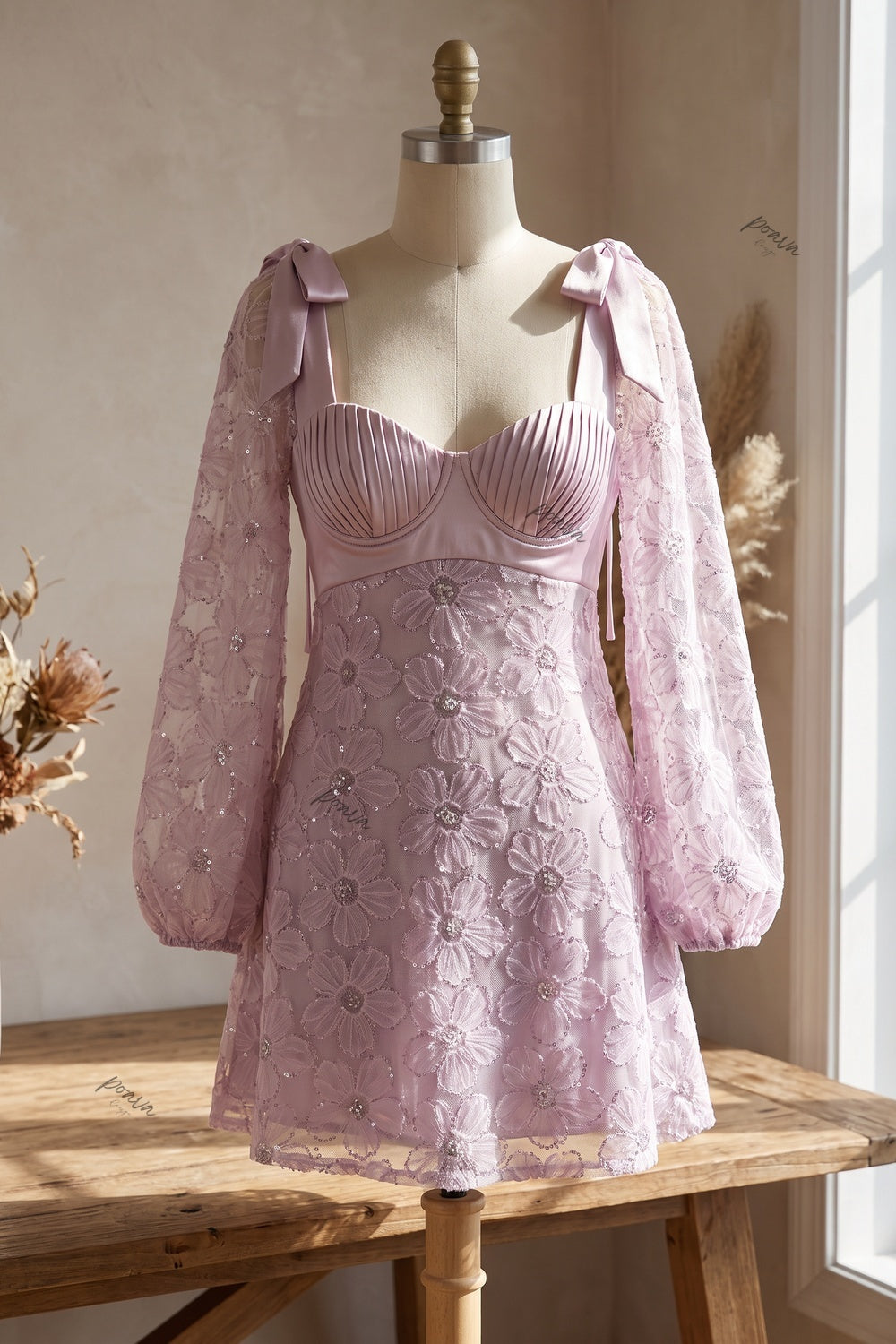 Lilac Sheer Floral Embroidered Mesh A-line Fit-and-Flare Mini Dress Flowering Girl