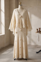 Cream Fuzzy Mohair-Blend Two-Piece Knit Set with Capelet and Rose Appliqué Maxi Dress Flowering Girl