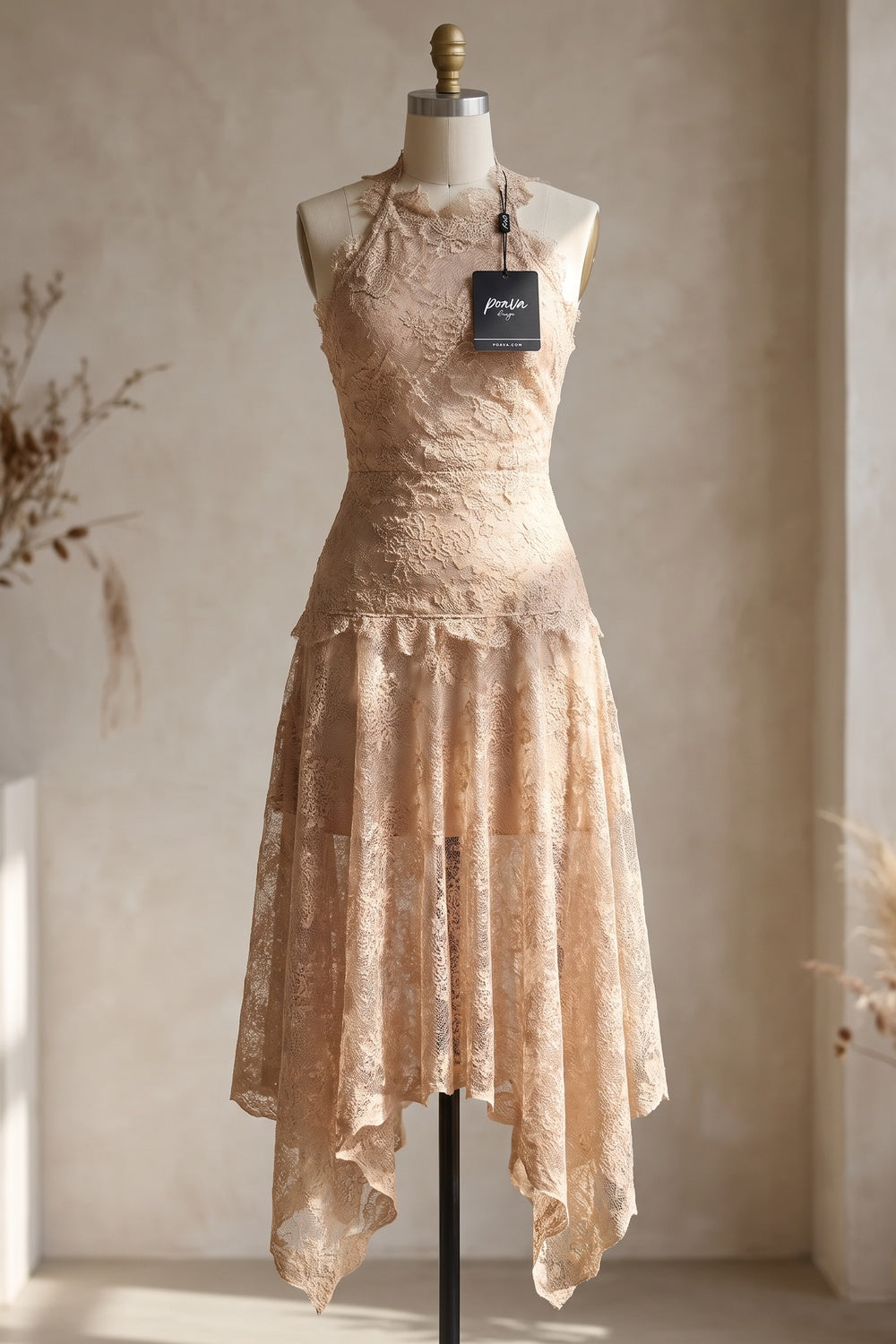 Beige Corded Floral Lace A-Line Midi Dress with Asymmetrical Hem Flowering Girl